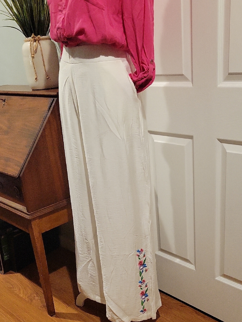 Women's Cream Wide-Leg Embroidered Pants